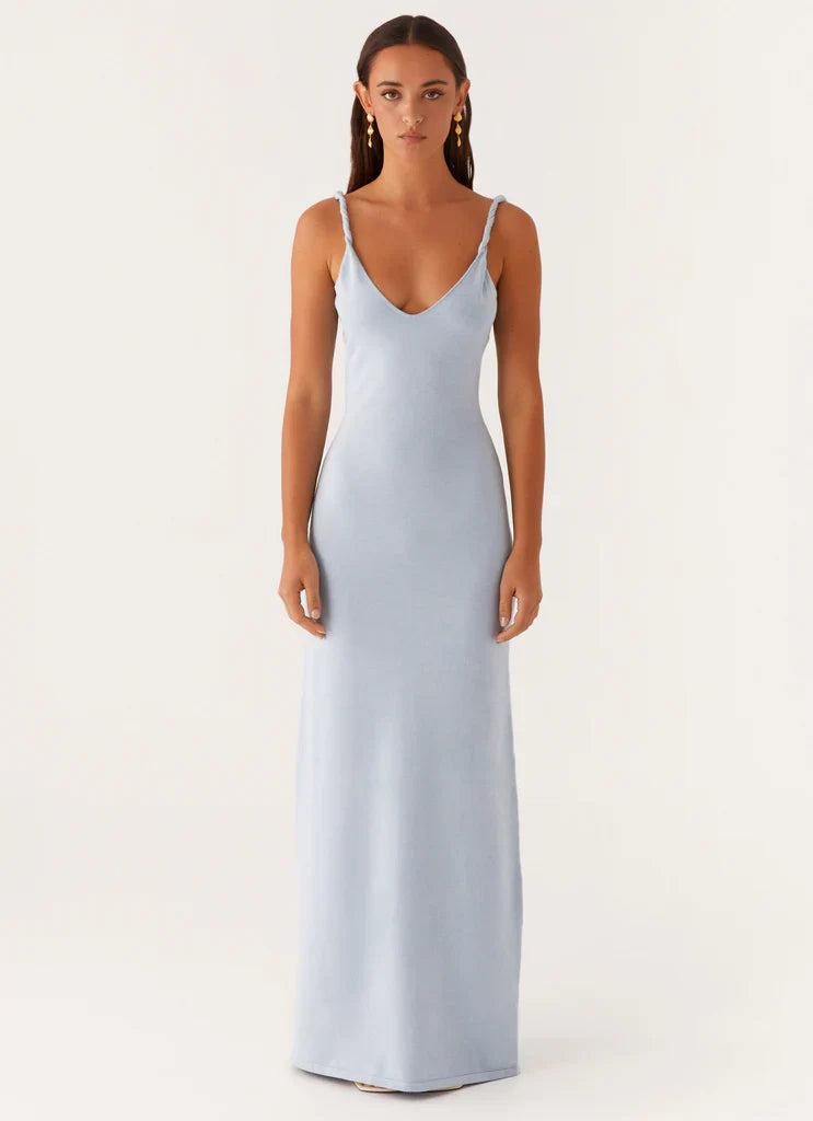 Sky Blue Ribbed Twisted Strap Backless Maxi Dress For Elegant Casual Party Events