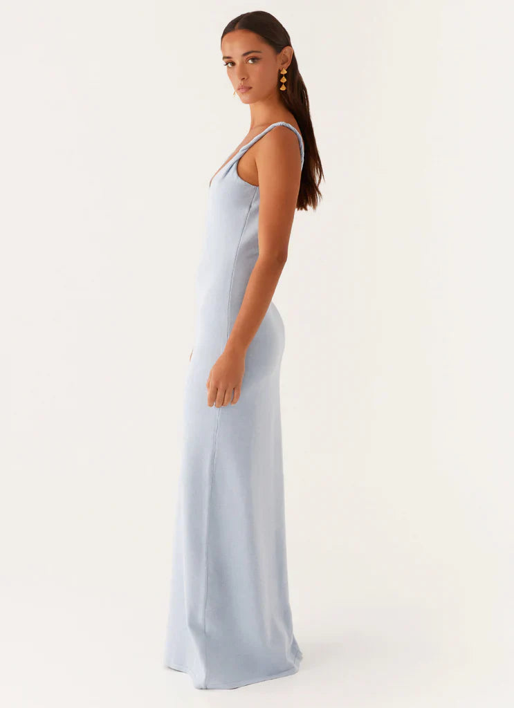 Sky Blue Ribbed Twisted Strap Backless Maxi Dress For Elegant Casual Party Events