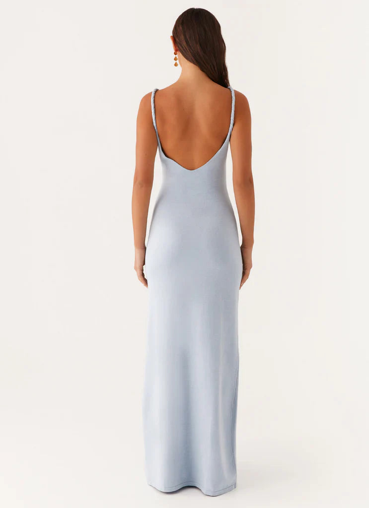 Sky Blue Ribbed Twisted Strap Backless Maxi Dress For Elegant Casual Party Events