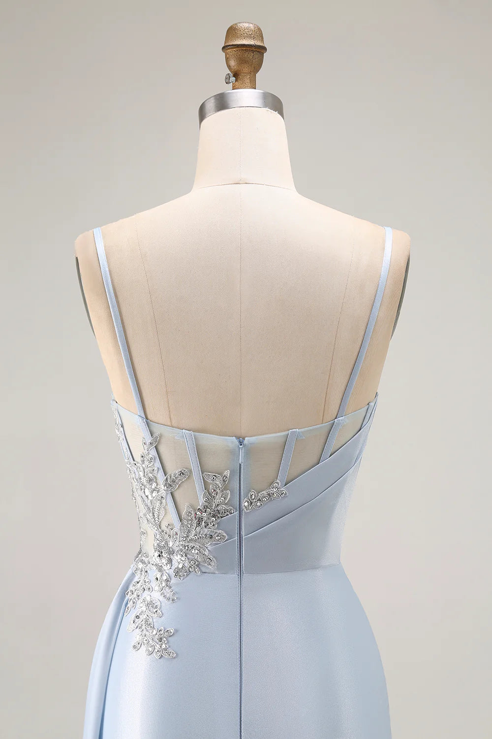 Sky Blue Satin Lace Appliqué Spaghetti Strap High Slit Mermaid Evening Dresses
