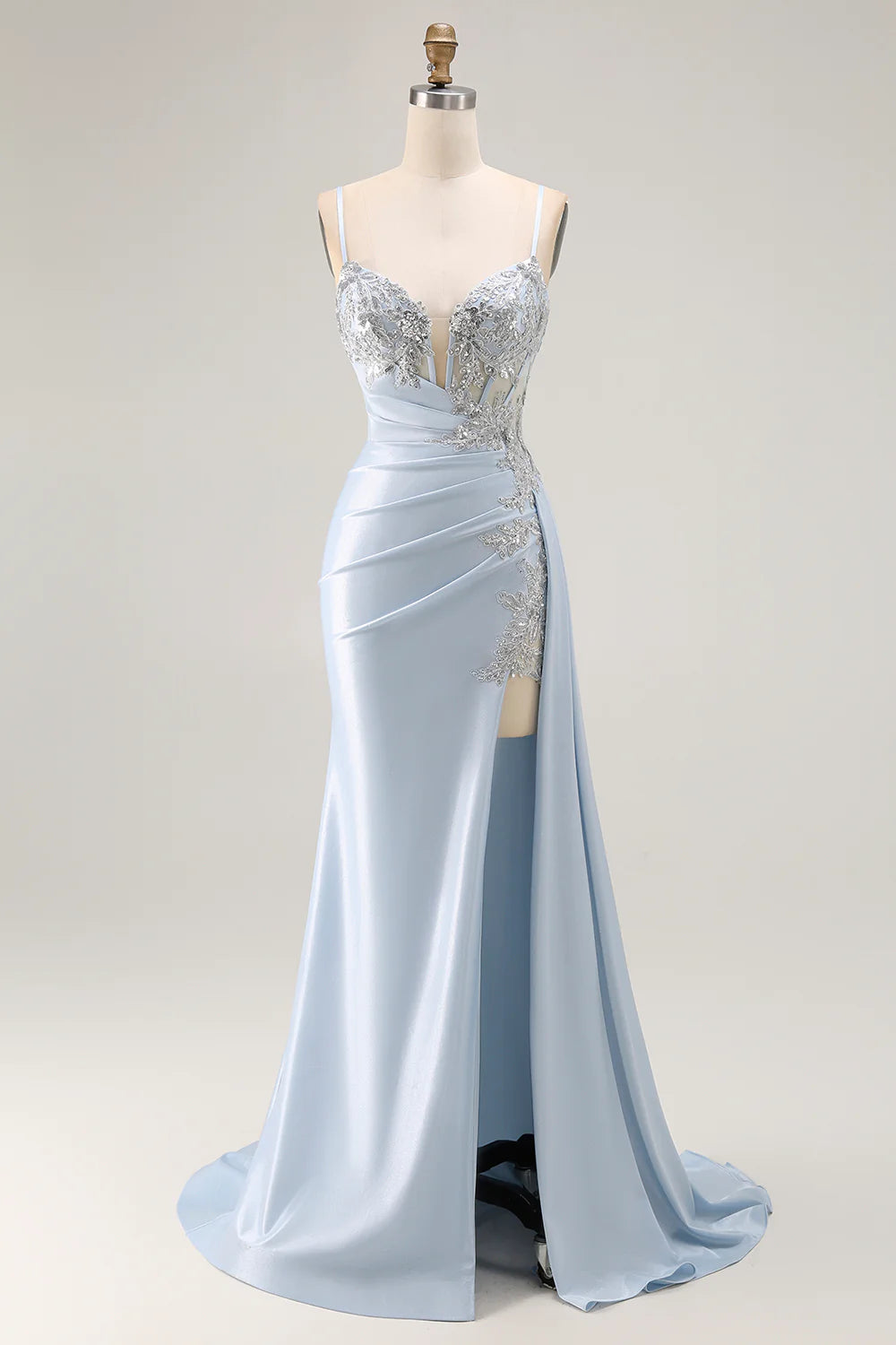 Sky Blue Satin Lace Appliqué Spaghetti Strap High Slit Mermaid Evening Dresses