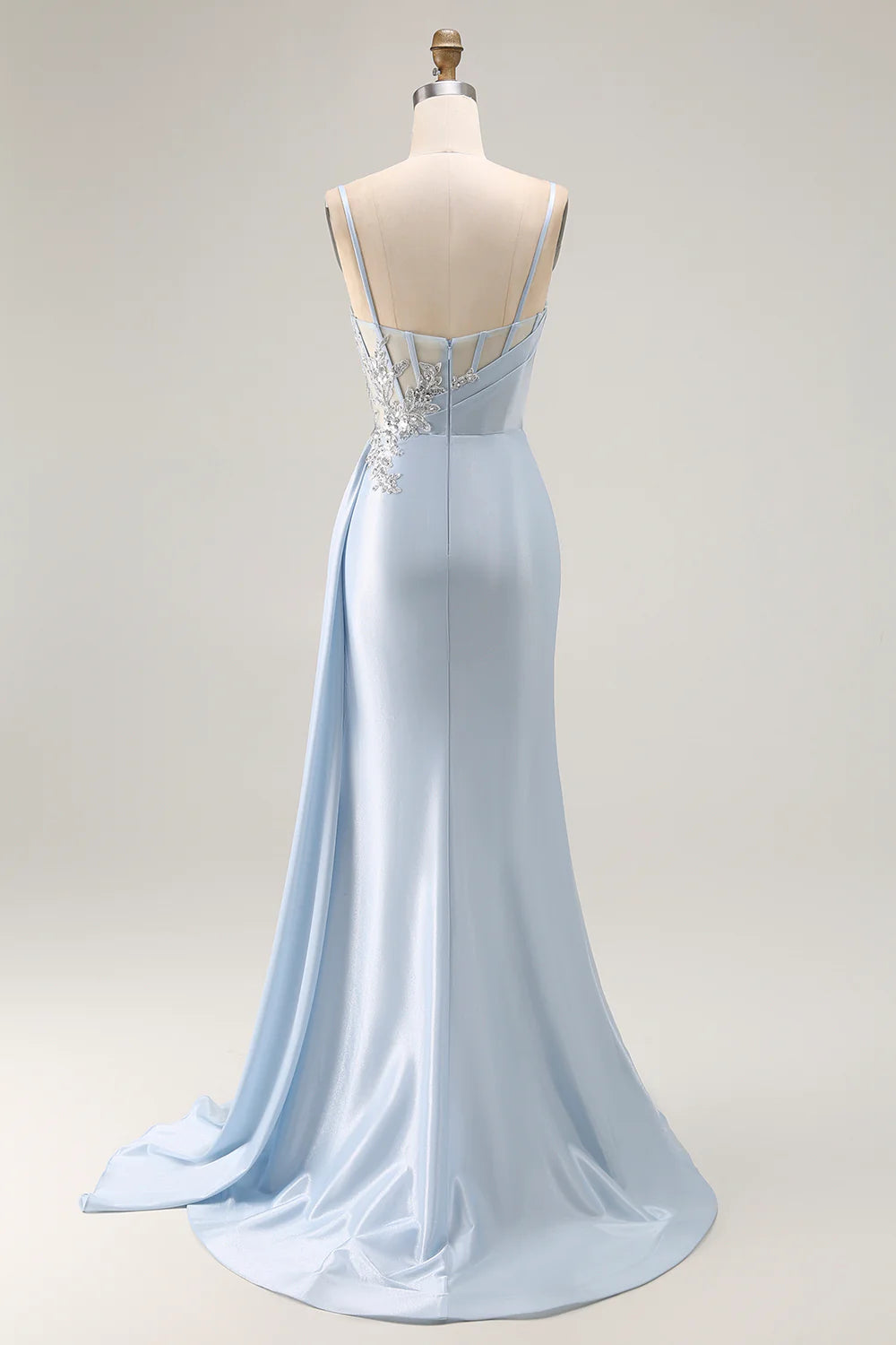 Sky Blue Satin Lace Appliqué Spaghetti Strap High Slit Mermaid Evening Dresses