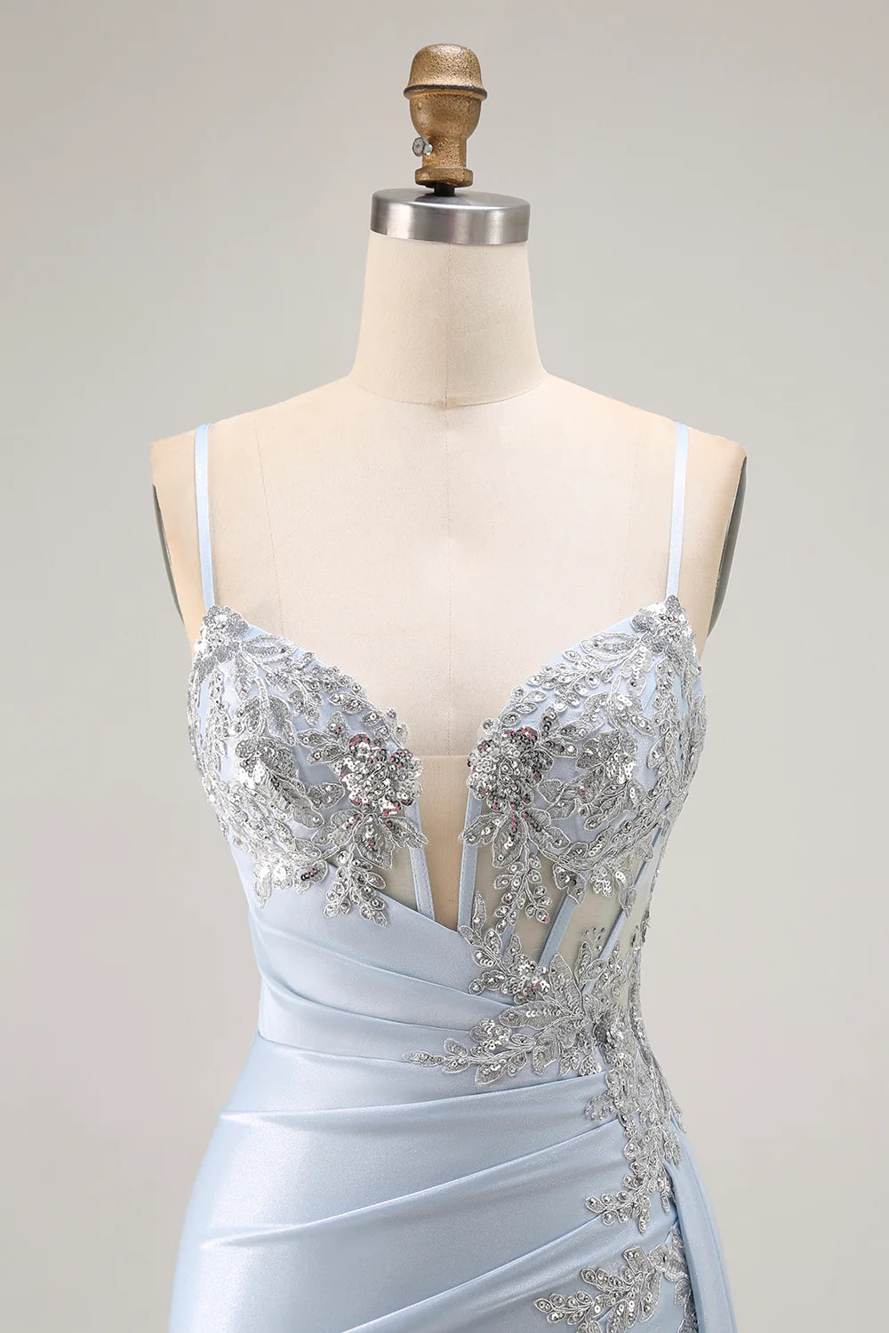 Sky Blue Satin Lace Appliqué Spaghetti Strap High Slit Mermaid Evening Dresses