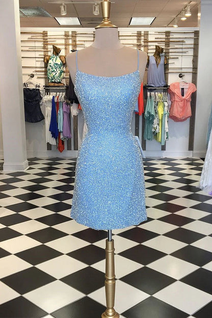 Sky Blue Sequin Lace-Up Back Short Dress