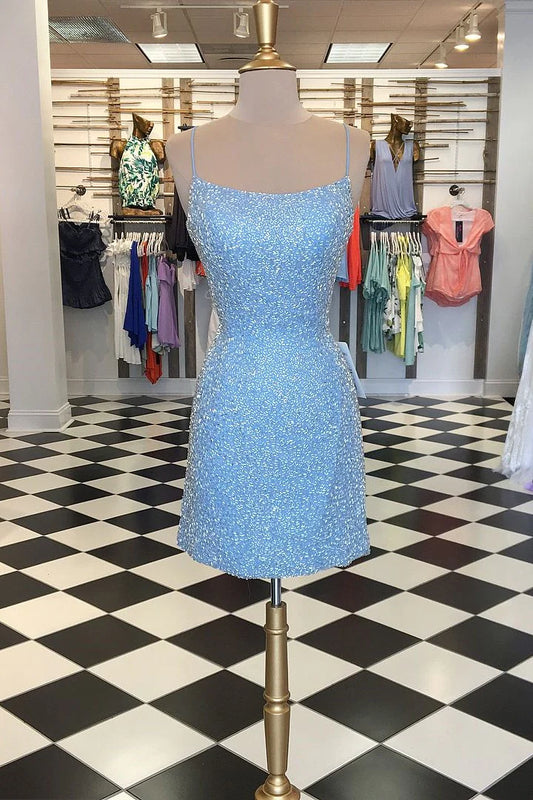 Sky Blue Sequin Lace-Up Back Short Dress
