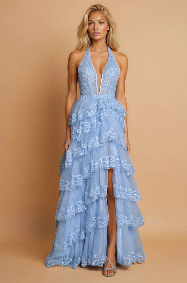 Sky Blue Sequin Lace Halter Tiered Tulle Maxi Evening Dresses