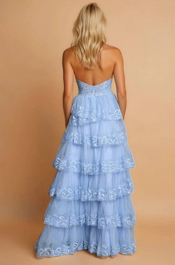 Sky Blue Sequin Lace Halter Tiered Tulle Maxi Evening Dresses