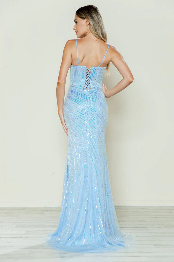 Sky Blue Sequin Stripe Lace-Up Back High Slit Maxi Evening Dresses
