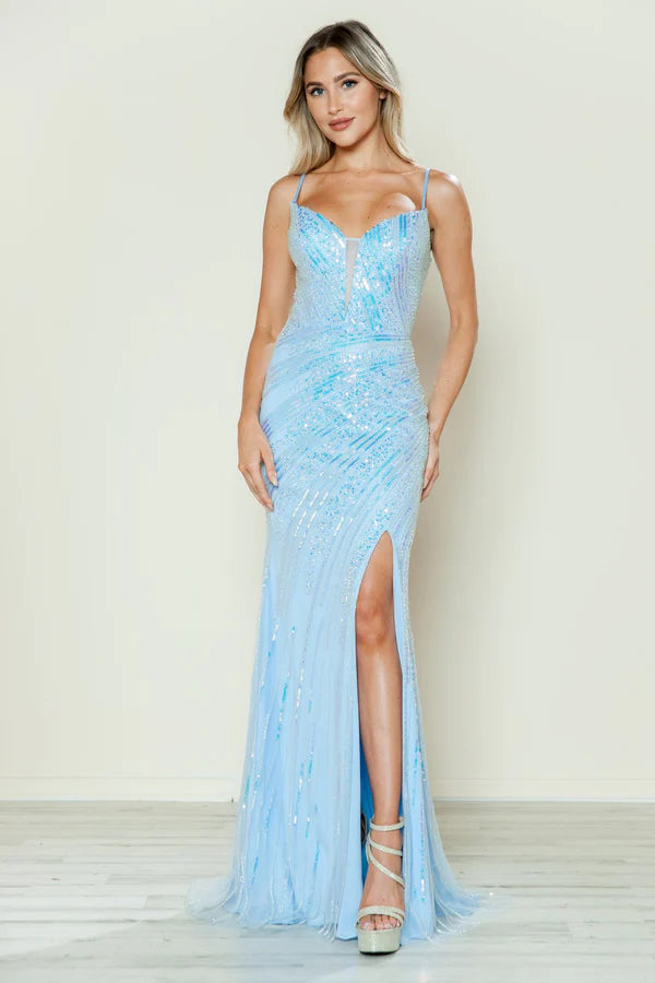 Sky Blue Sequin Stripe Lace-Up Back High Slit Maxi Evening Dresses