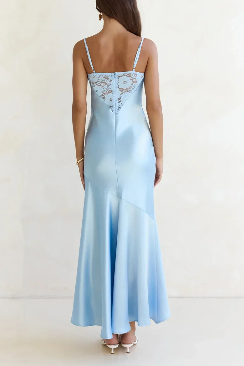 Sky Blue Spaghetti Strap Satin Midi Dress with Lace Corset Detail