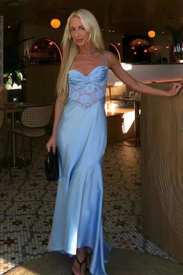 Sky Blue Spaghetti Strap Satin Midi Dress with Lace Corset Detail