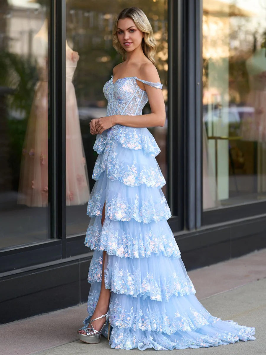 Sky Blue Spaghetti Strap Sequin Floral Appliqué Tiered Tulle High Slit Lace Up Back Maxi Evening Dresses