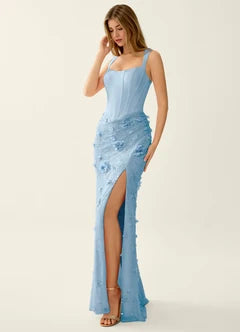 Sky Blue Square Neck 3D Floral Lace Up Back High Slit Maxi Evening Dresses