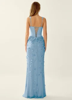 Sky Blue Square Neck 3D Floral Lace Up Back High Slit Maxi Evening Dresses