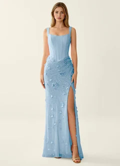 Sky Blue Square Neck 3D Floral Lace Up Back High Slit Maxi Evening Dresses