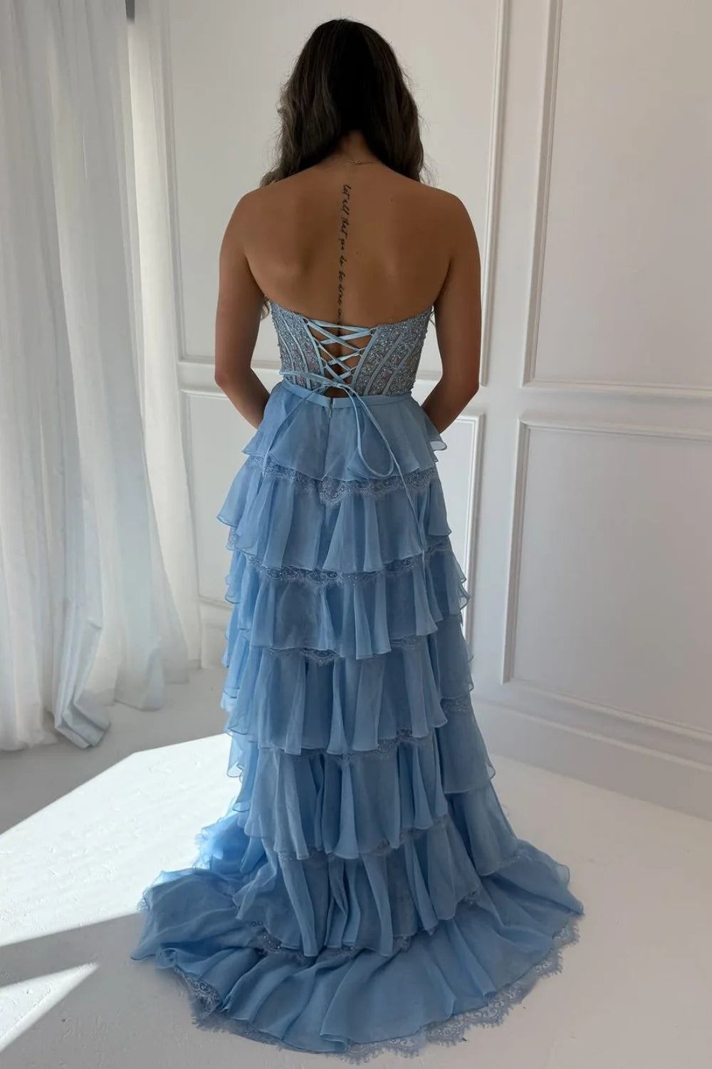 Sky Blue Strapless Beaded Corset Tiered Ruffle Evening Dresses