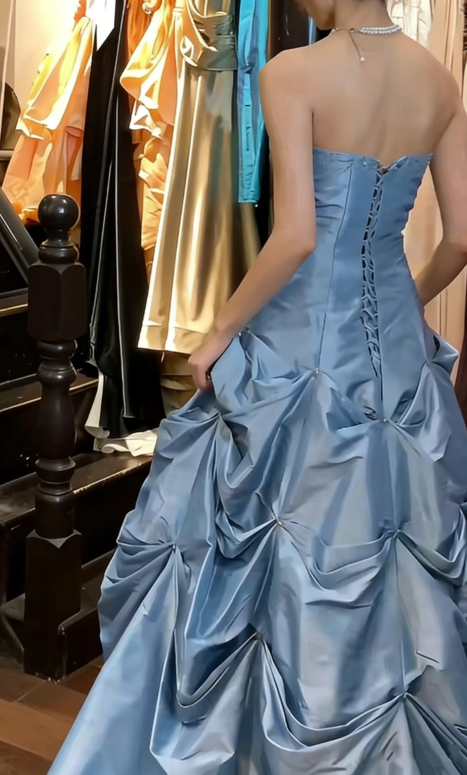 Sky Blue Strapless Lace-Up Back Pick-Up Skirt Satin Ball Gown Evening Dresses