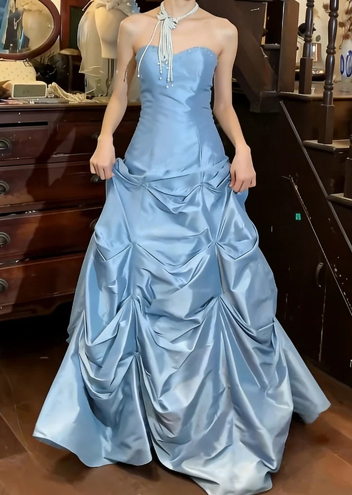 Sky Blue Strapless Lace-Up Back Pick-Up Skirt Satin Ball Gown Evening Dresses