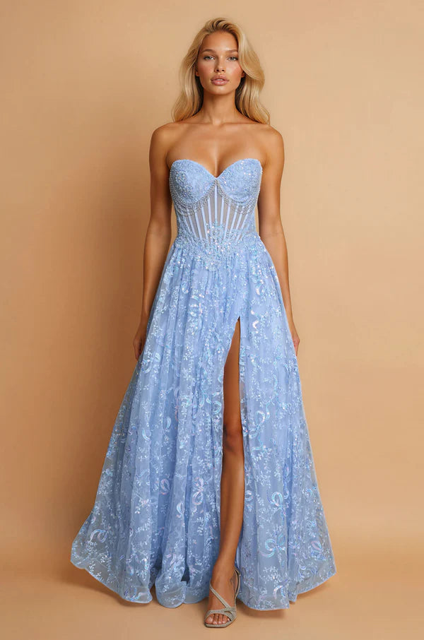 Sky Blue Strapless Sequin Floral Corset Lace-Up Back High Slit Maxi Evening Dresses