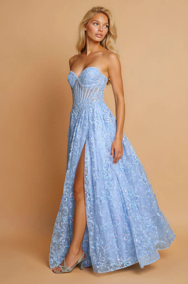 Sky Blue Strapless Sequin Floral Corset Lace-Up Back High Slit Maxi Evening Dresses