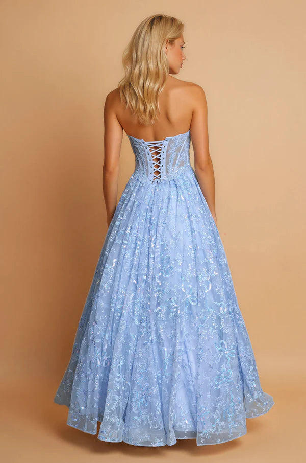 Sky Blue Strapless Sequin Floral Corset Lace-Up Back High Slit Maxi Evening Dresses