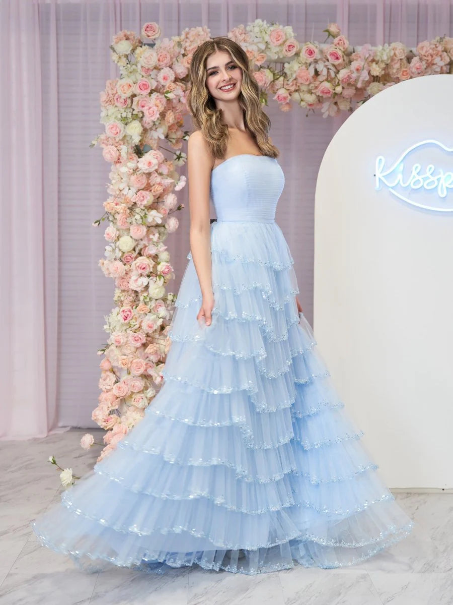 Sky Blue Strapless Sequin Tiered Tulle High Slit Lace Up Back Maxi Evening Dresses
