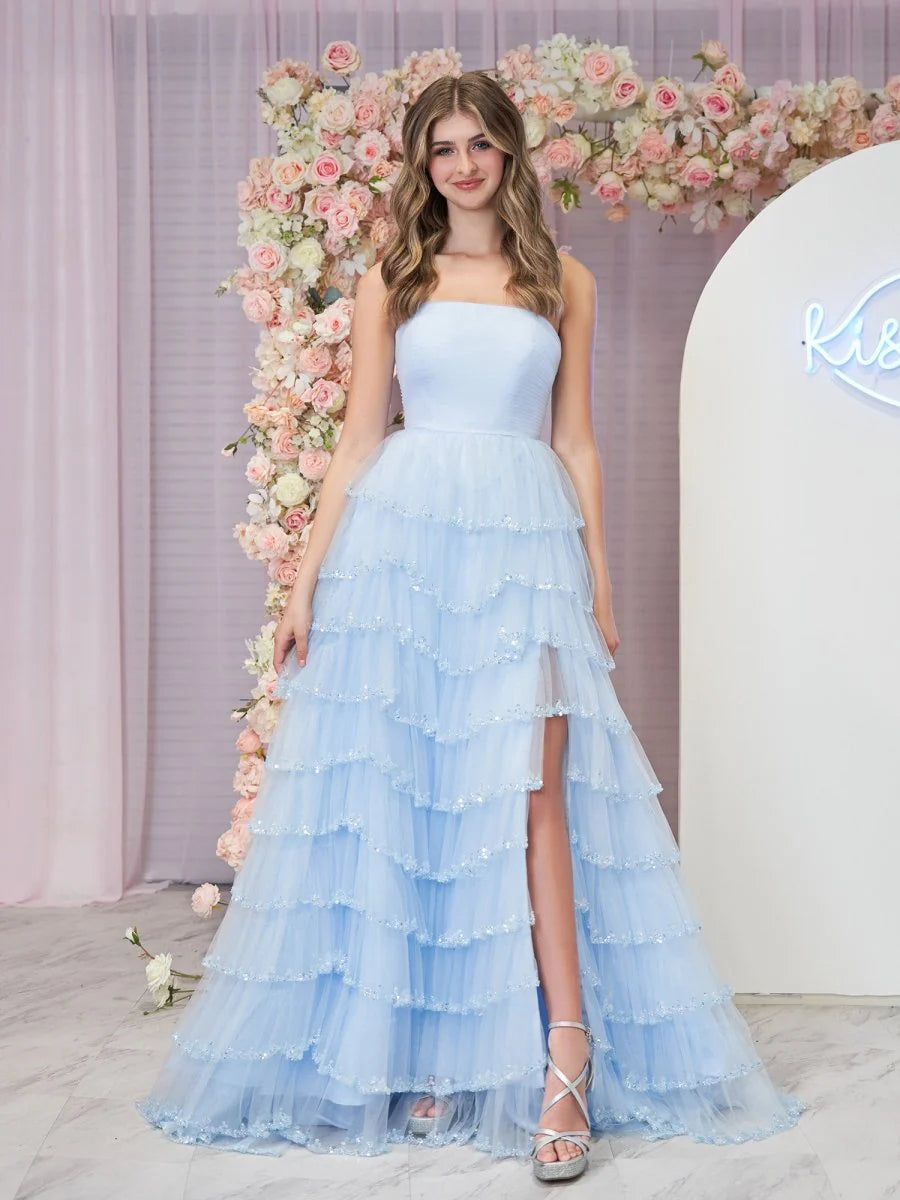 Sky Blue Strapless Sequin Tiered Tulle High Slit Lace Up Back Maxi Evening Dresses