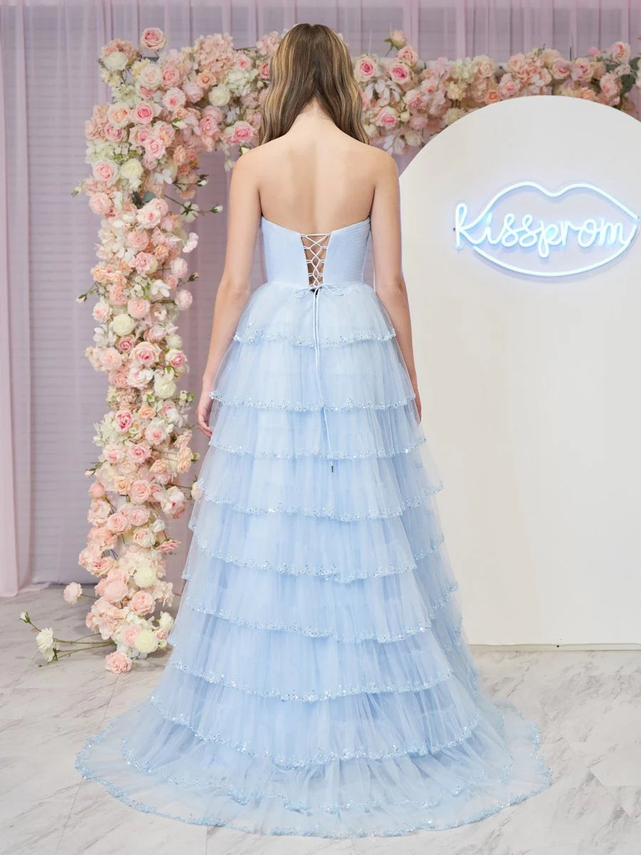 Sky Blue Strapless Sequin Tiered Tulle High Slit Lace Up Back Maxi Evening Dresses