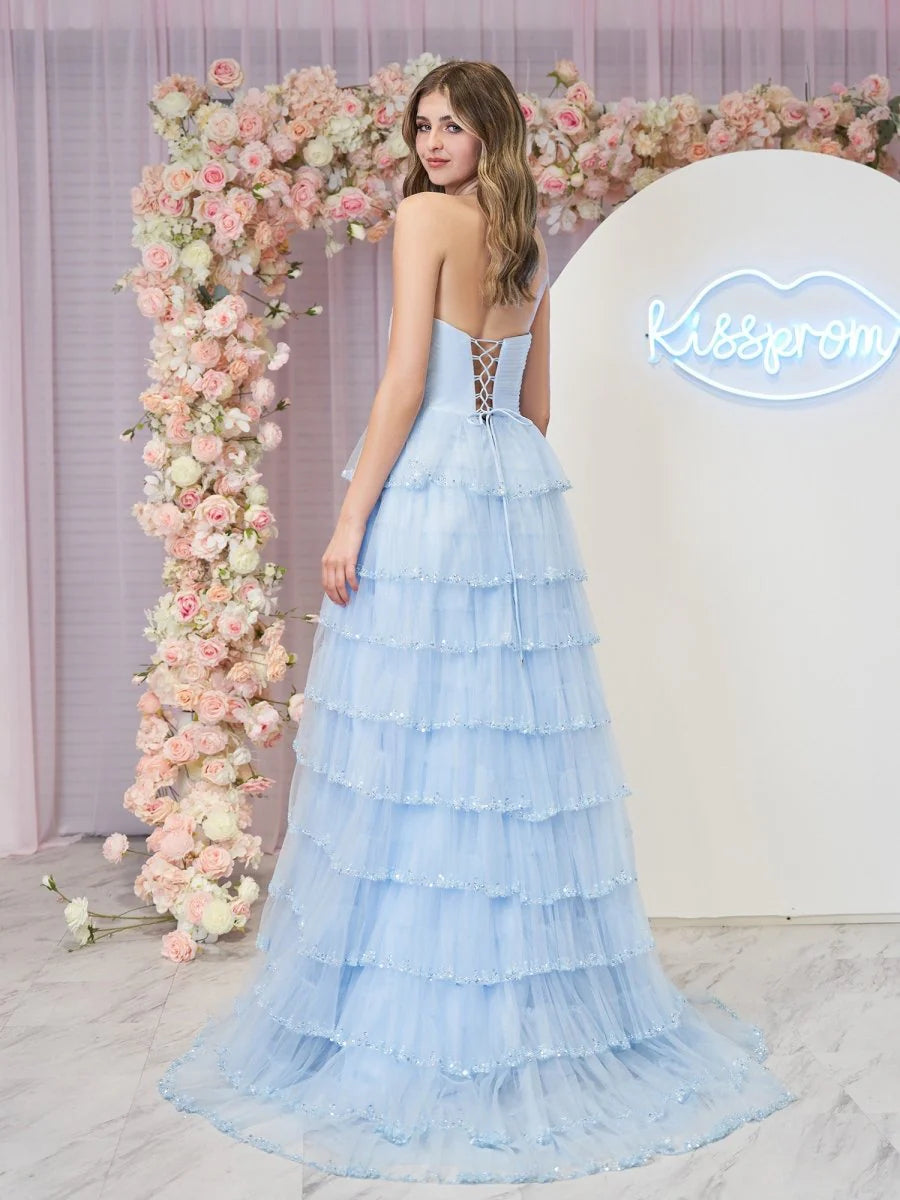 Sky Blue Strapless Sequin Tiered Tulle High Slit Lace Up Back Maxi Evening Dresses