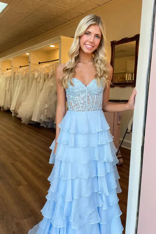 Sky Blue Sweetheart Lace Corset Tiered Ruffle Prom Dress with High Slit