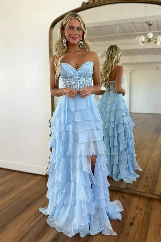 Sky Blue Sweetheart Lace Corset Tiered Ruffle Prom Dress with High Slit