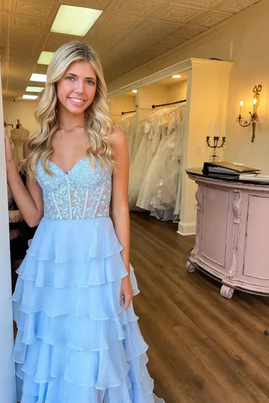 Sky Blue Sweetheart Lace Corset Tiered Ruffle Prom Dress with High Slit