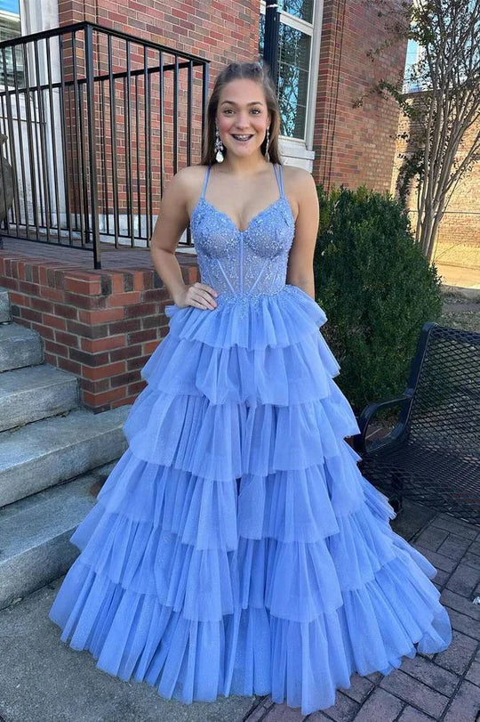 Sky Blue Tiered Tulle Maxi Dress with Beaded Corset Bodice & Lace-Up Back