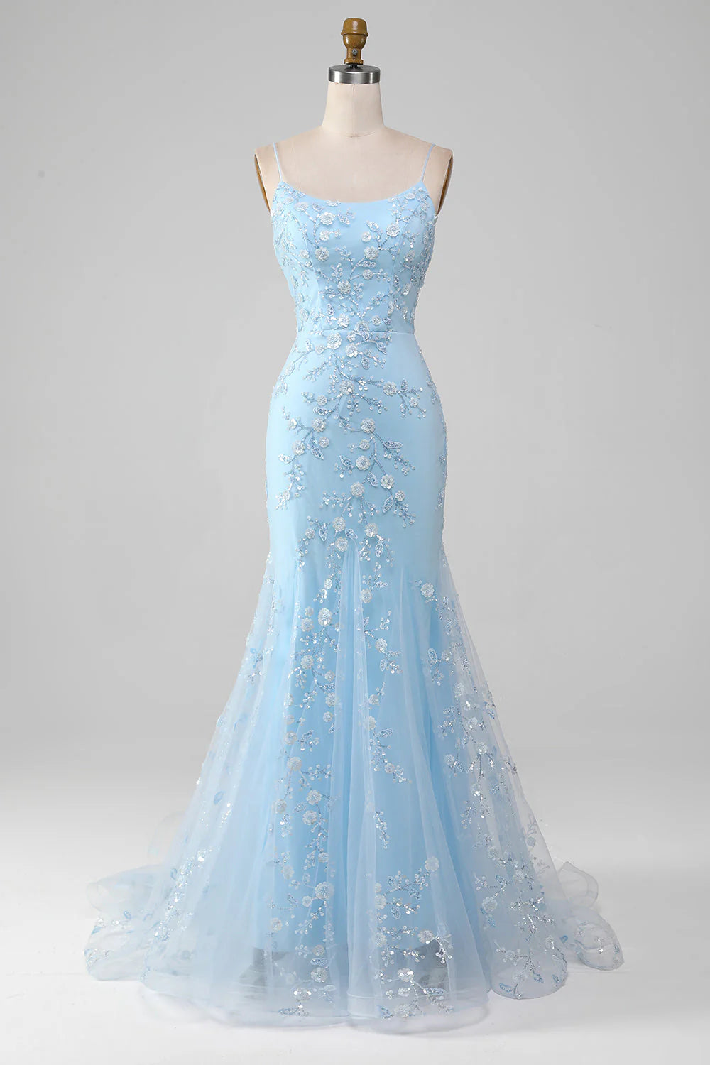 Sky Blue Tulle 3D Floral Appliqué Spaghetti Strap Lace-Up Back Mermaid Evening Dresses