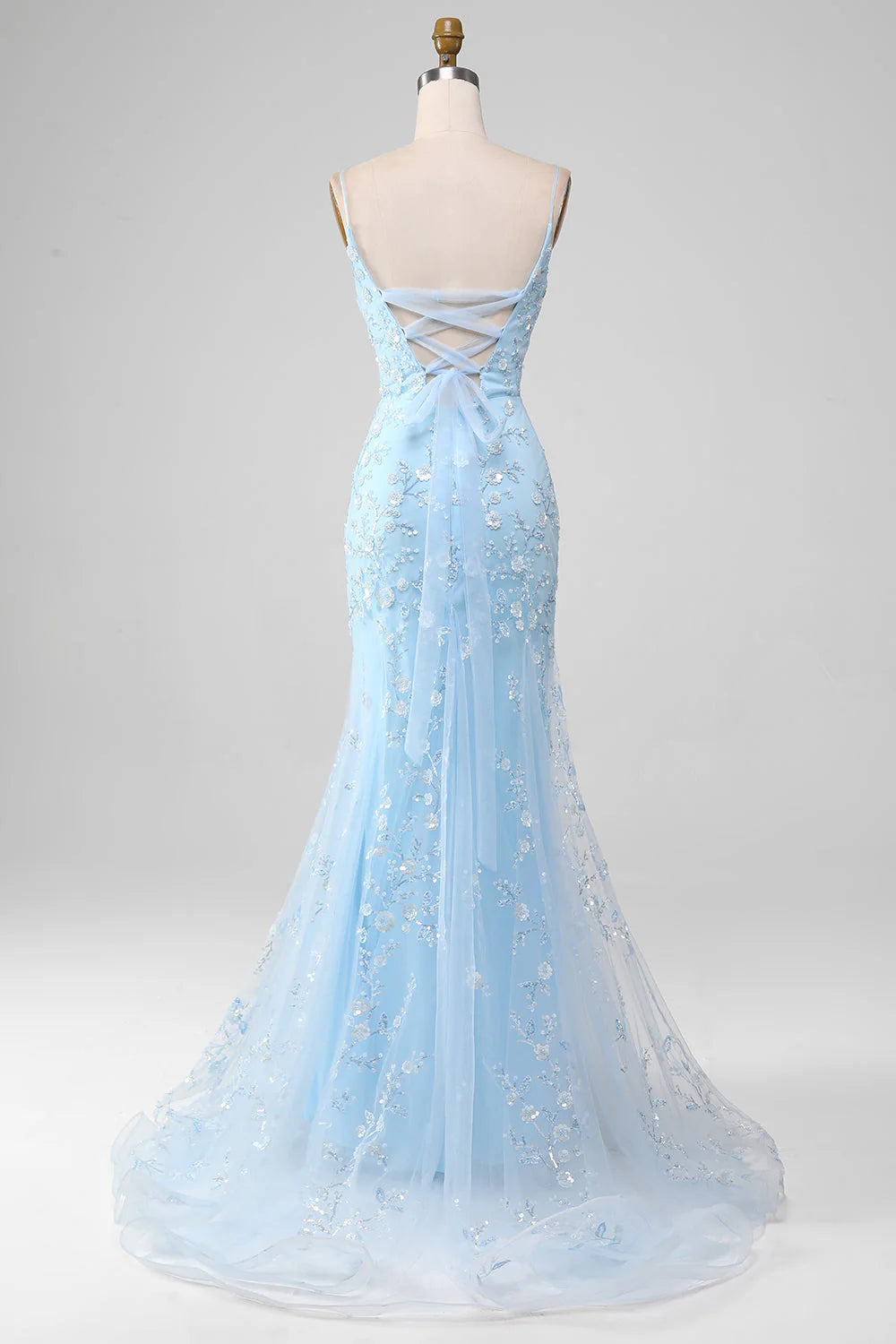 Sky Blue Tulle 3D Floral Appliqué Spaghetti Strap Lace-Up Back Mermaid Evening Dresses