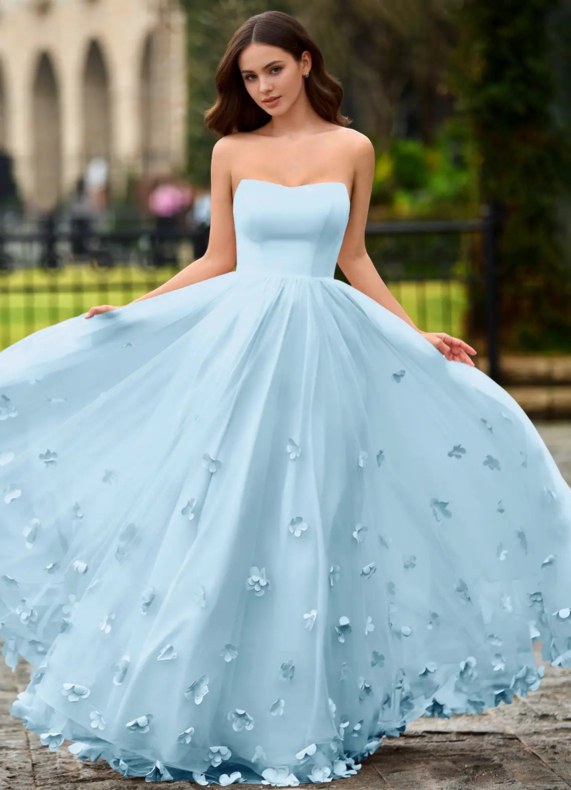 Sky Blue Tulle 3D Floral Strapless Lace-Up Back A-Line Evening Dresses
