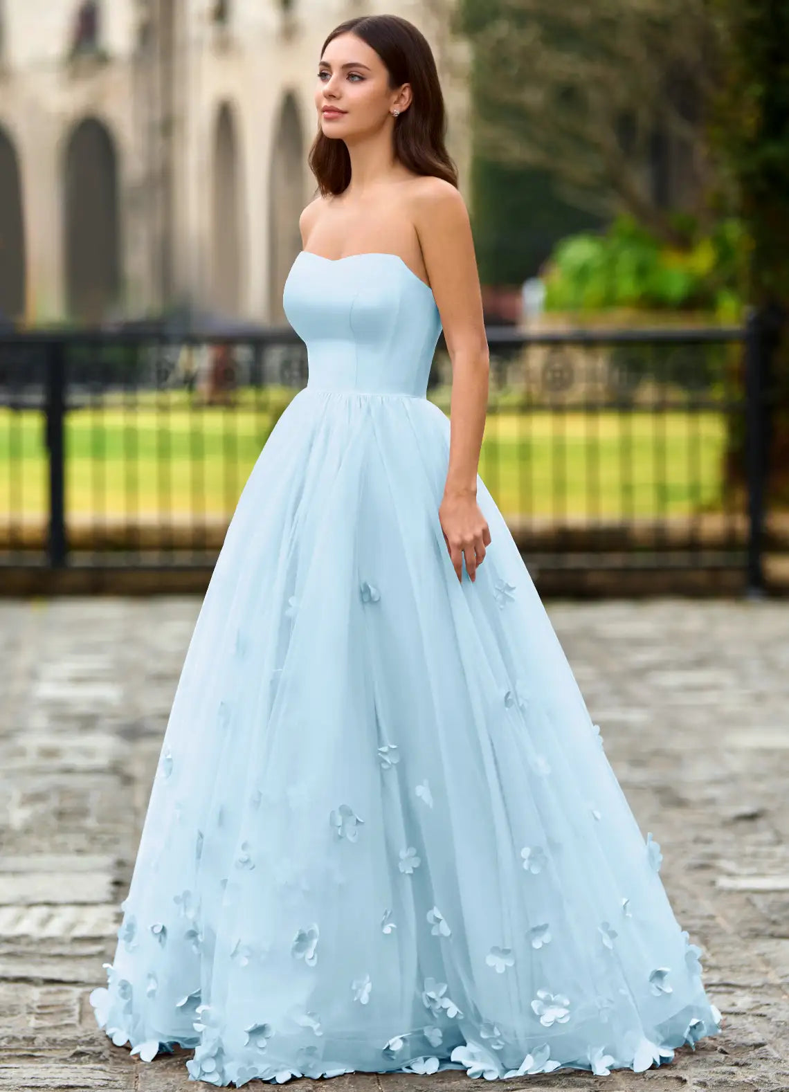 Sky Blue Tulle 3D Floral Strapless Lace-Up Back A-Line Evening Dresses