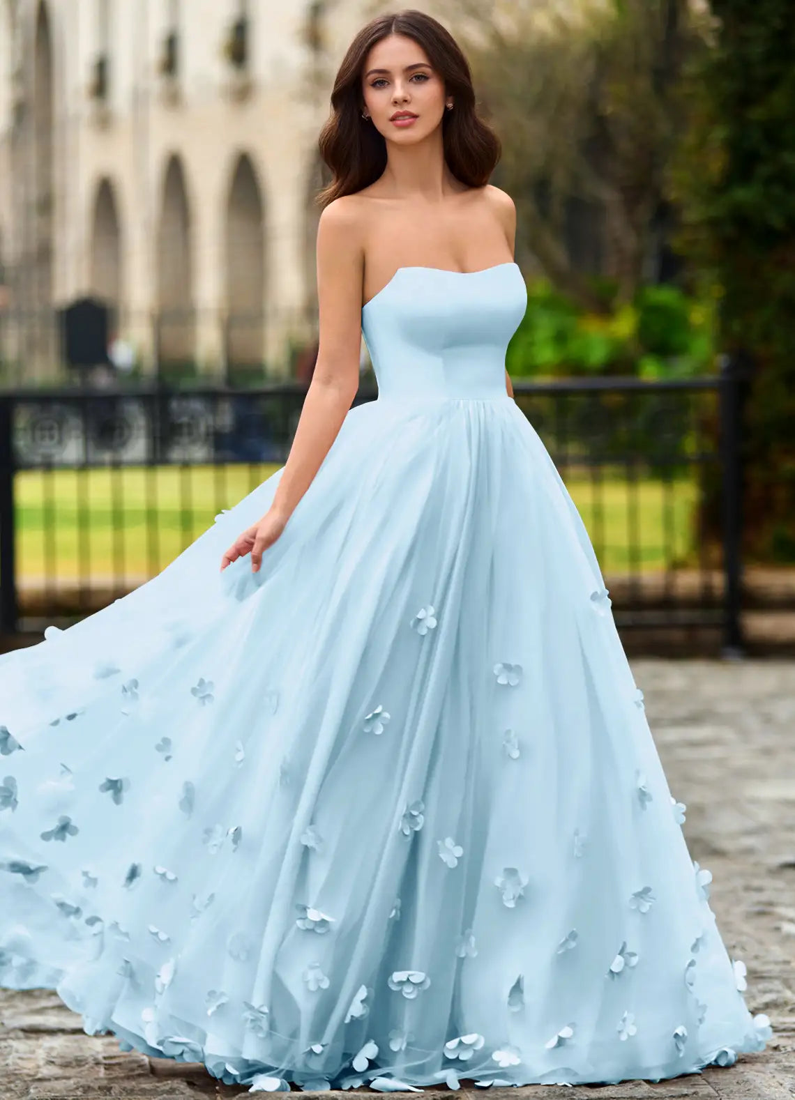 Sky Blue Tulle 3D Floral Strapless Lace-Up Back A-Line Evening Dresses