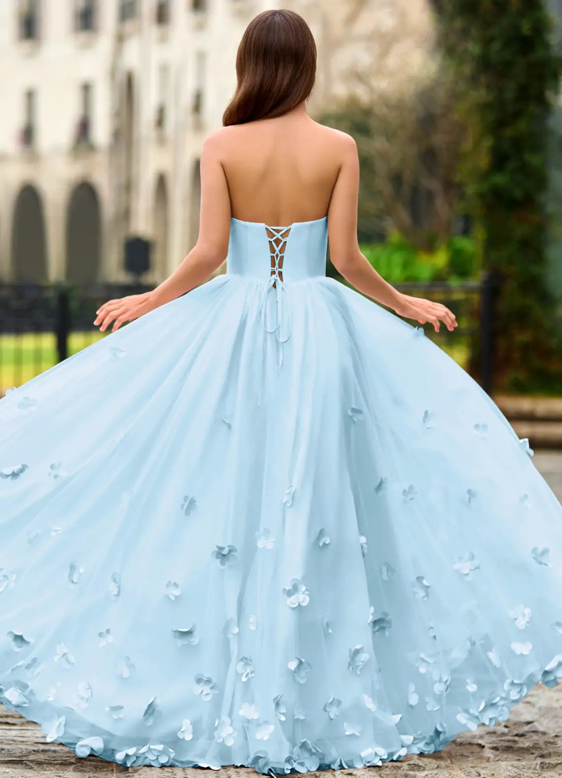 Sky Blue Tulle 3D Floral Strapless Lace-Up Back A-Line Evening Dresses