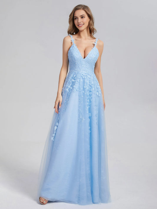 Sky Blue Tulle V-neck Backless Appliques Prom Dress with Plunging Floral Lace  and A - Line Silhouette