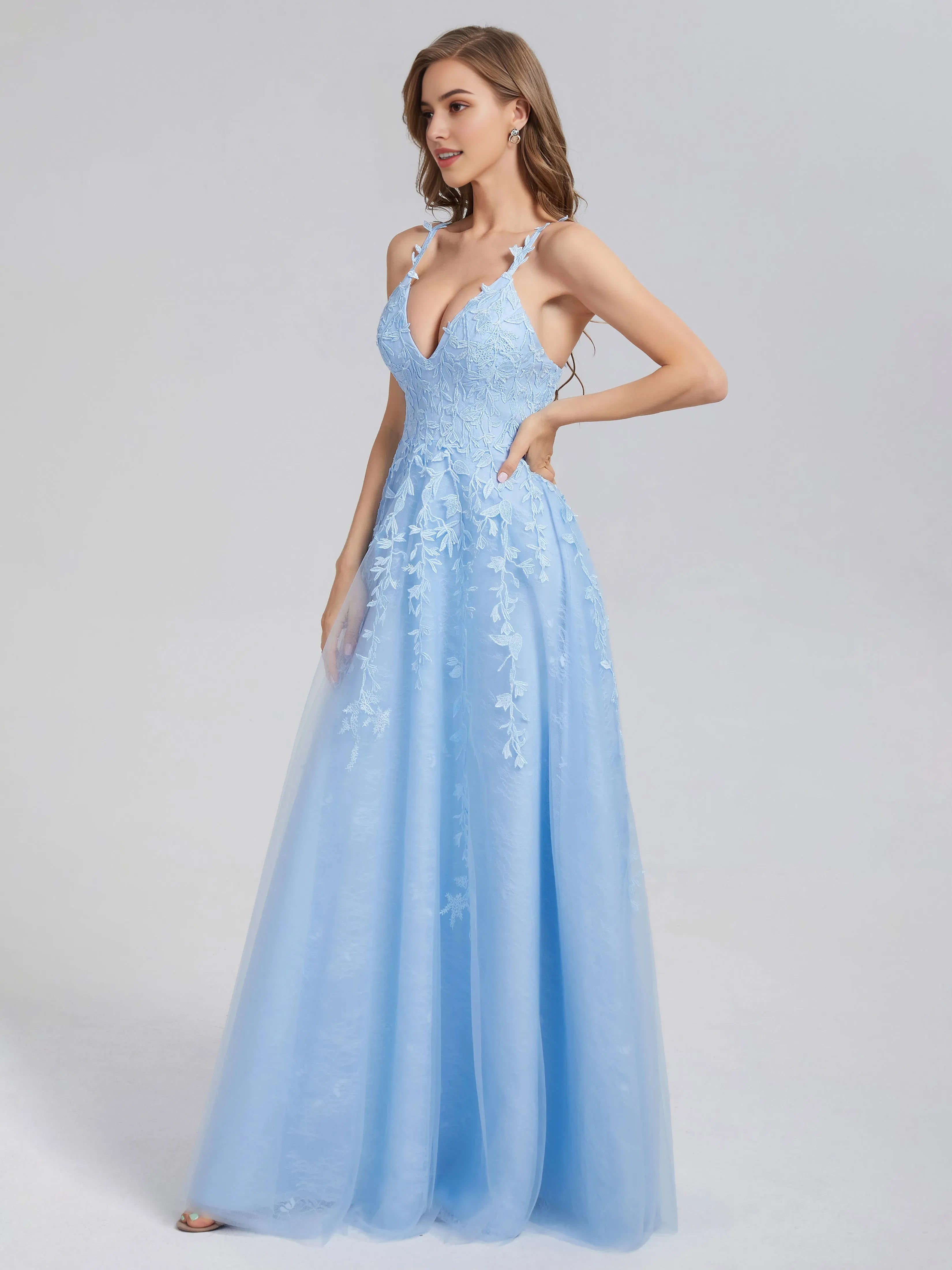 Sky Blue Tulle V-neck Backless Appliques Prom Dress with Plunging Floral Lace  and A - Line Silhouette