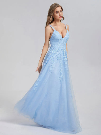 Sky Blue Tulle V-neck Backless Appliques Prom Dress with Plunging Floral Lace  and A - Line Silhouette