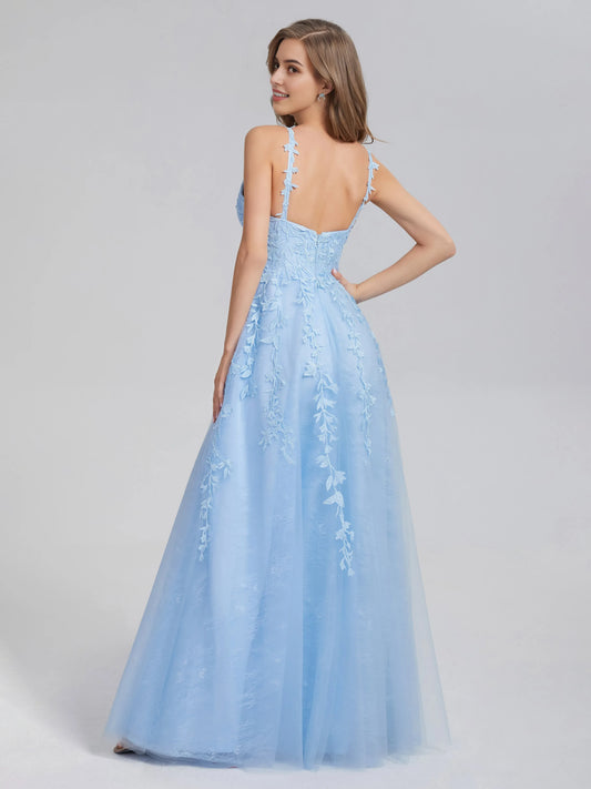Sky Blue Tulle V-neck Backless Appliques Prom Dress with Plunging Floral Lace  and A - Line Silhouette