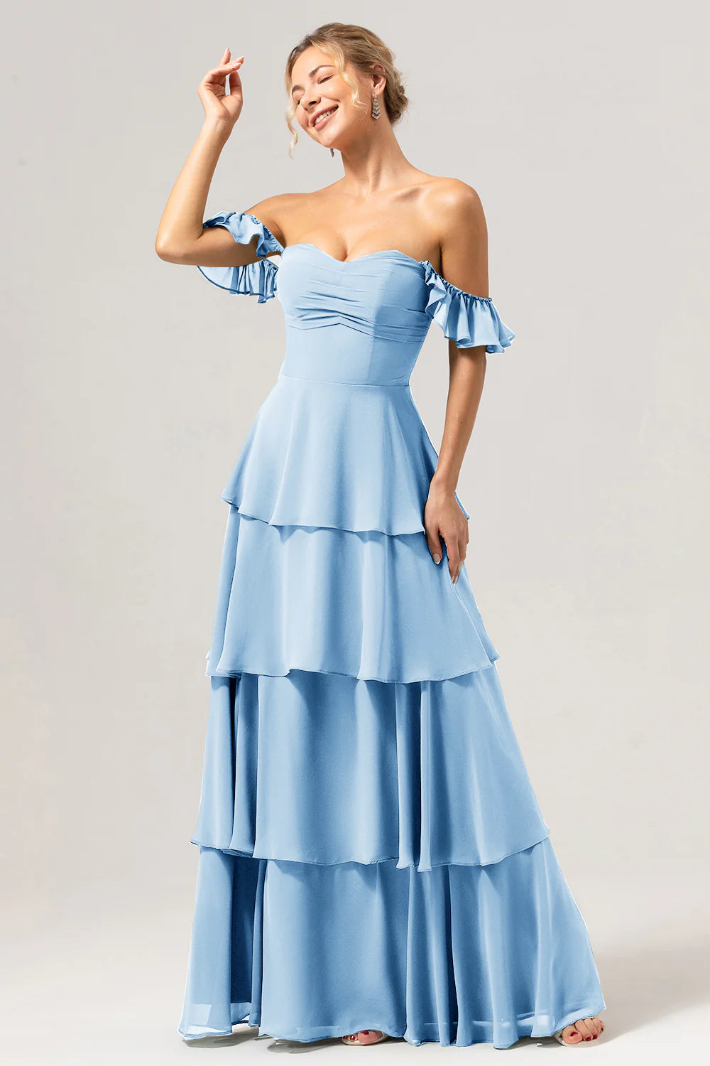 Eucalyptus A Line Off The Shoulder Tiered Long Bridesmaid Dress