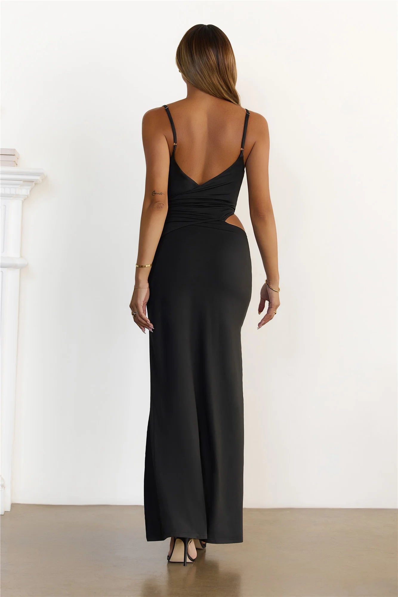 Glamorous Black Maxi Dress with Deep V-Neckline, Chain Strap Detail, Side Cutout, High Thigh Slit and Open Back Ruched Design