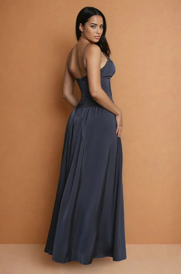 Slate Blue Satin Beaded Spaghetti Strap Pocket Maxi Evening Dresses
