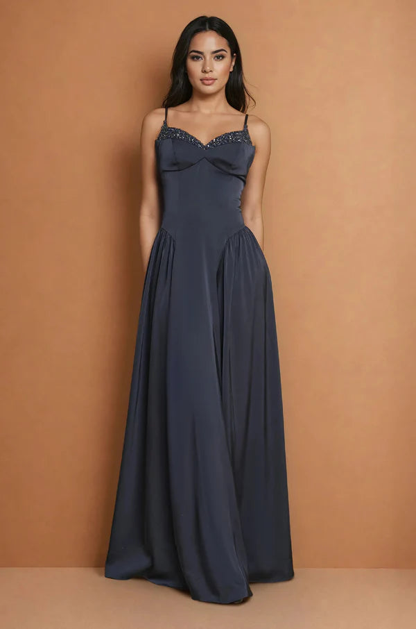 Slate Blue Satin Beaded Spaghetti Strap Pocket Maxi Evening Dresses
