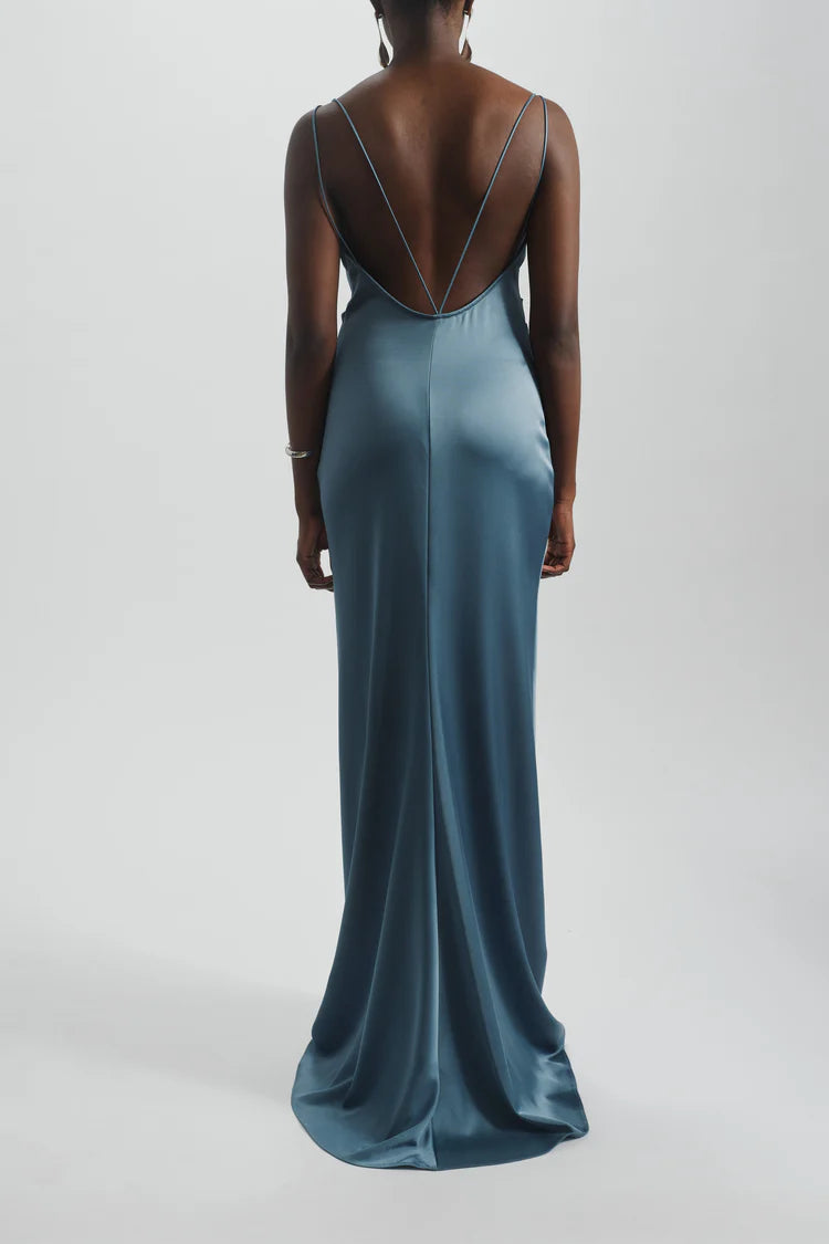 Slate Blue Satin Cowl Back Ruched Waist Maxi Evening Dresses