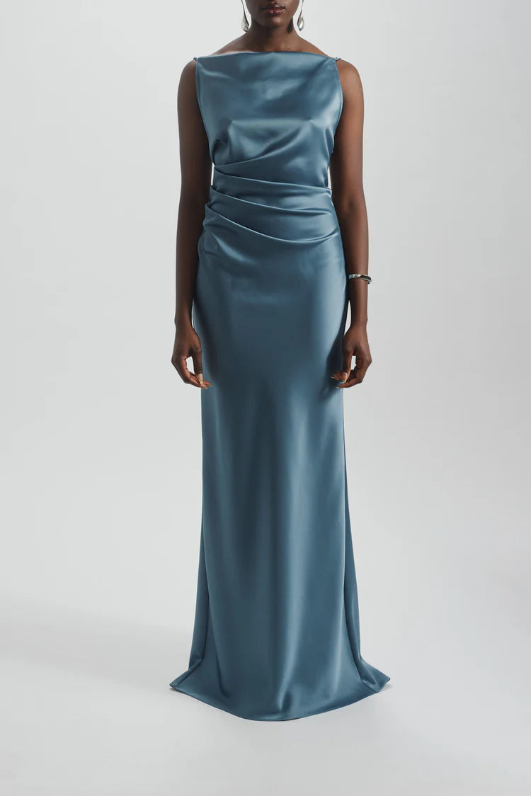 Slate Blue Satin Cowl Back Ruched Waist Maxi Evening Dresses