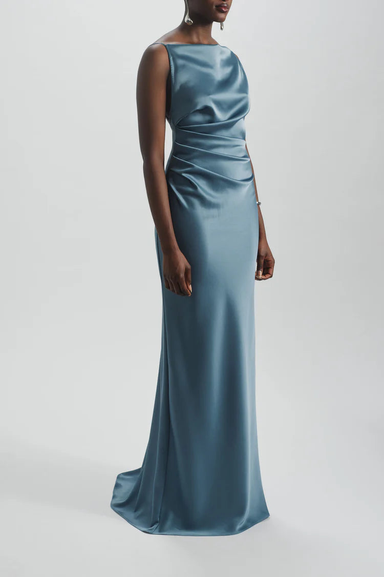Slate Blue Satin Cowl Back Ruched Waist Maxi Evening Dresses